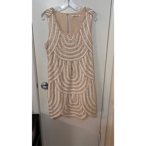 ENDLESS ROSE EMBELLISHED SCALLOPED DRESS TAUPE SIZE 10 - Picture 1 of 14
